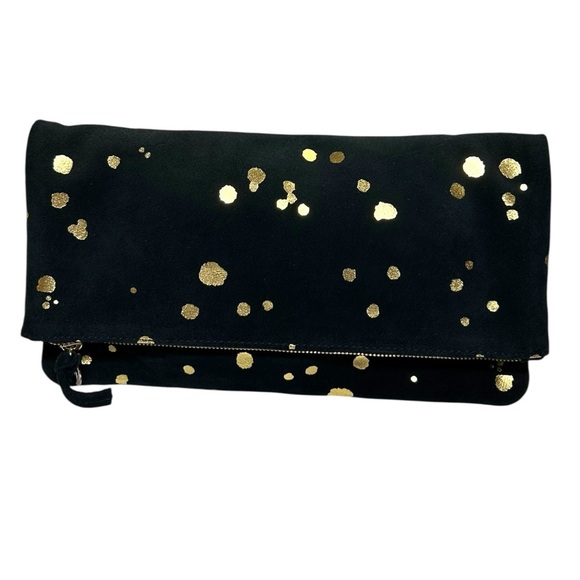 Clare V. - Women’s ‘Margot’ Fold-Over Suede Clutch Bag in Black, Gold, One Size - Picture 9 of 12